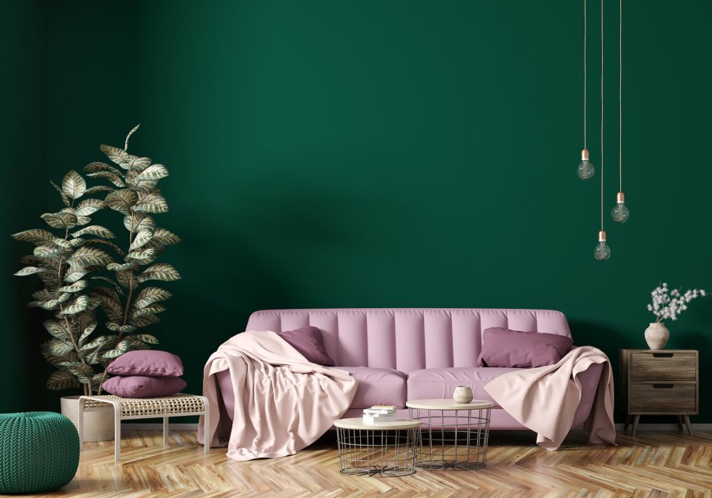 Interior of modern emerald living room 
